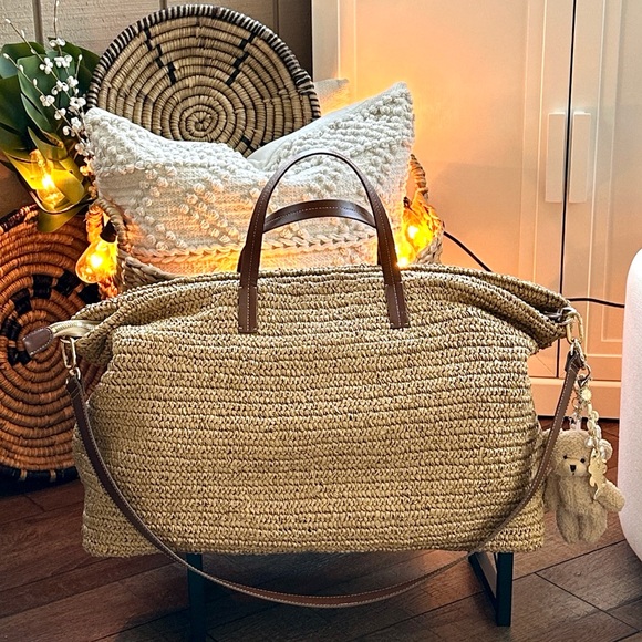 NWT | J Crew Palma Overnight Tote in Hand-Knotted Straw & Leather - Picture 4 of 15